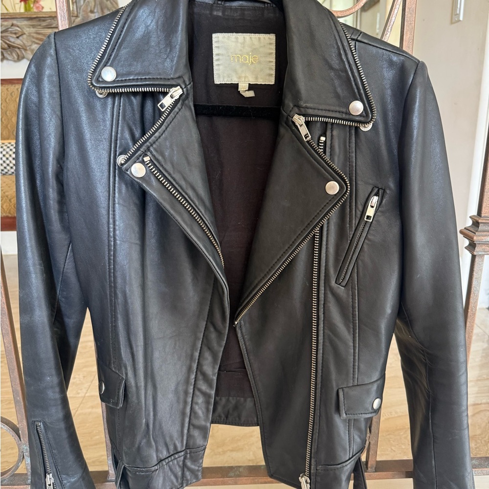 Maje Black Leather Biker Jacket with Silver Hardware - Used size 36 (S)